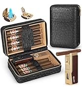 Scotte Cigar Humidor Box, Cigar Lighter Cedar Wood Lined Leather Cigar Case Built in Hygrometer &...