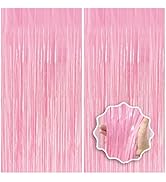 Pastel Pink Birthday Party Backdrop Decorations Foil Fringe Curtain 3.3x8.2ft 2 Pack, Pink Stream...