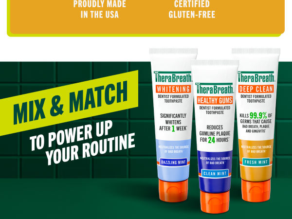 Three anticavity toothpastes whitening healthy gums and deep clean placed on a dark green background