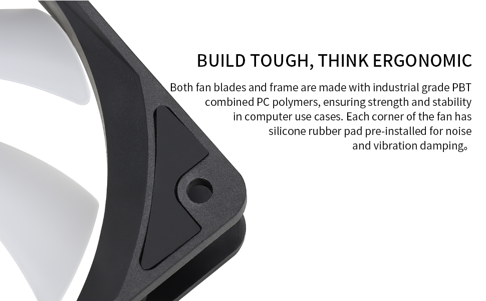 Close-up of an ergonomic product corner showing industrial-grade PBT polymer construction with silicone rubber padding for noise reduction.