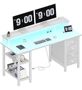 Lufeiya White Computer Desk with Fabric Drawers and Storage Shelves, 47 inch Home Office Desk wit...