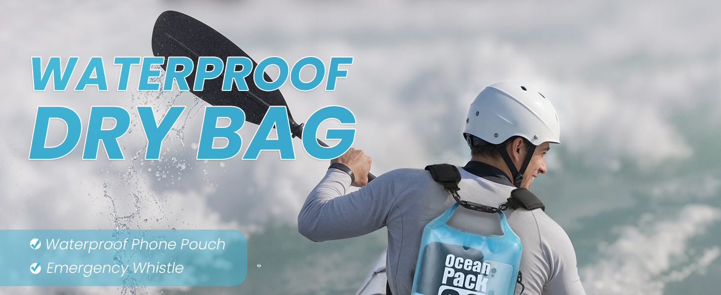 Waterproof dry bag backpack 20l includes waterproof phone pouch and emergency whistle for kayaking