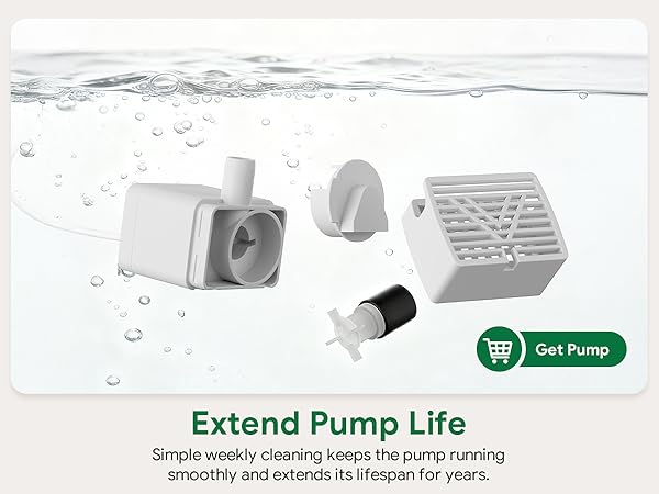 It shows pump parts to stress that weekly cleaning ensures long life.