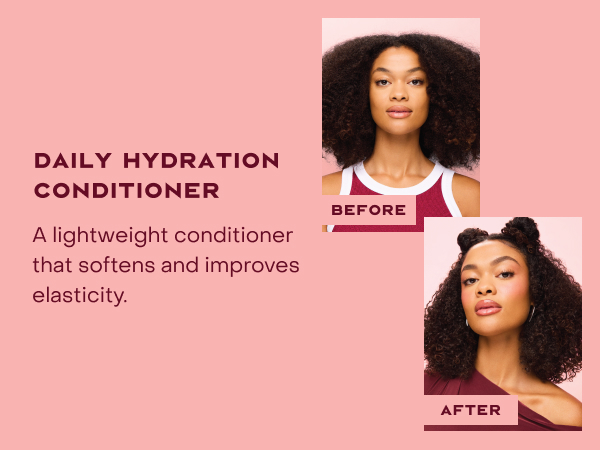 Two images of the same woman comparing her hair before and after applying our conditioner.