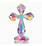 QFkris Colorful Crystal Cross Standing Decor, Religious Gifts for Women Men, Crystal Desk Cross F...