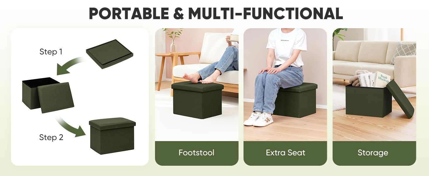 Text reads 'PORTABLE &amp; MULTI-FUNCTIONAL'. Four dark green storage boxes shown in different configurations labeled: Cube, Portable, Extra Seat, Storage.