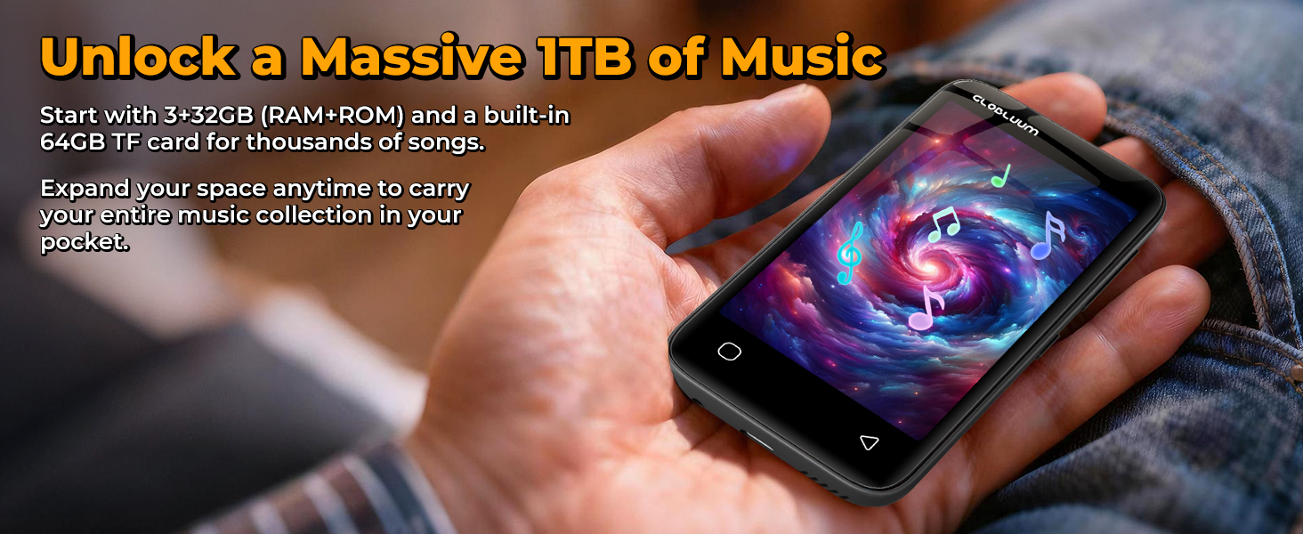 Hand holding a MP3 player with a colorful music galaxy graphic, highlighting 1TB storage support.