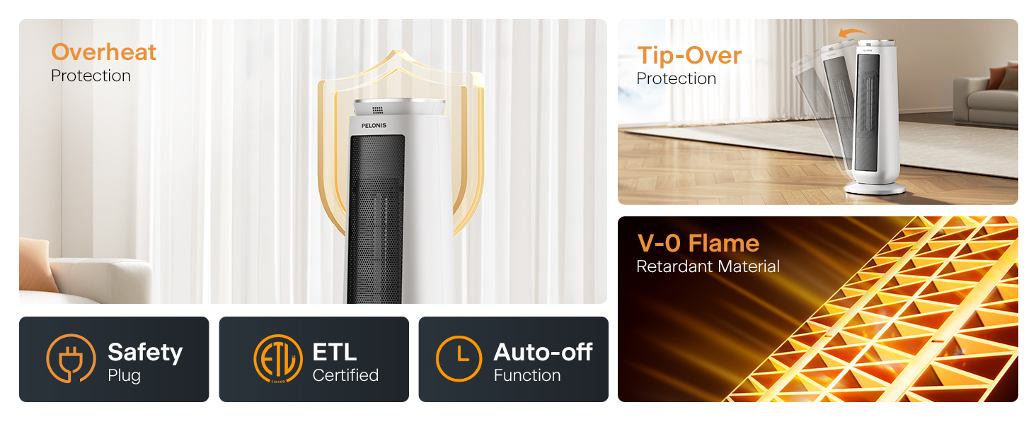 overheat protection, tip-over protection, Auto-off, ETL certified
