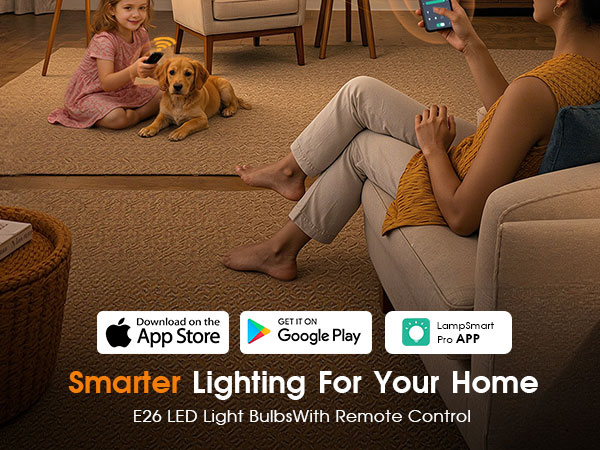 Mother and daughter controlling smart home lighting via app and remote in a cozy living room.