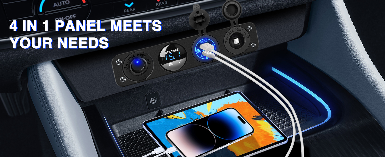 4 in 1 ON/Off Charger Socket Panel PD Type C and QC 3.0 USB charger