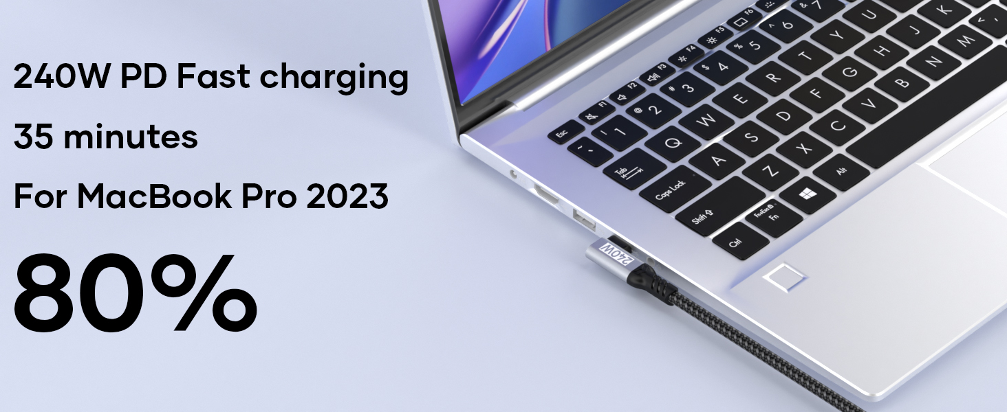 Text reads '35 minutes' and 'For MacBook Pro 2023' and '80%'. Laptop charging demonstration showing power indicator.