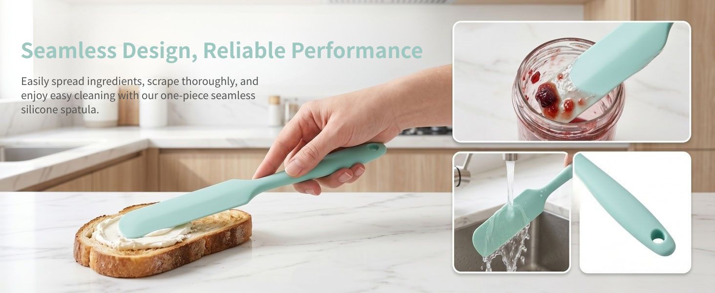 rinsing under running water, hanging hole detail, silicone spreader for baking and bread