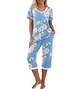 PrinStory Women's Pajama Set Short Sleeve Shirt and Capri Pants Sleepwear Pjs Sets with Pockets