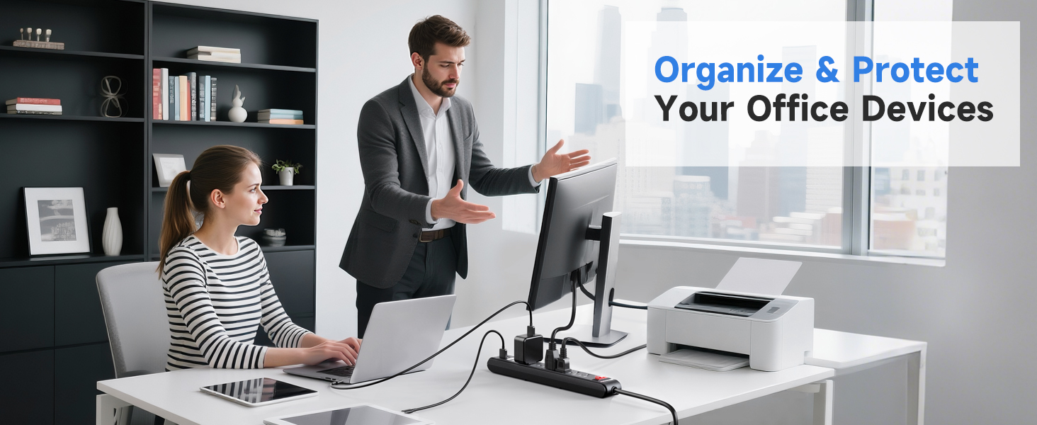 Cable Matters surge protector showing the 8ft extension cord and black design.