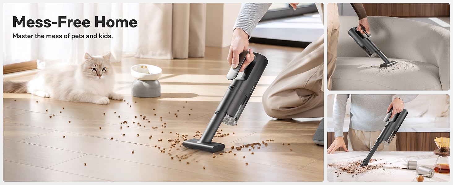 pickups crumbs, debris or cat food on desks, bedding, sofas and countertops, clearing coffee grounds