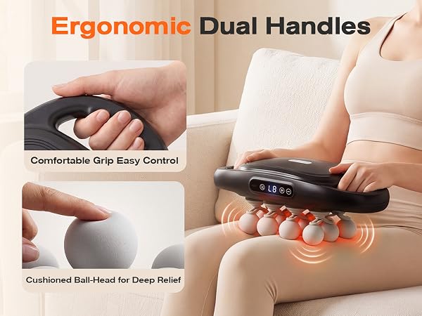 Woman holds an electric back massager by dual handles, with close-ups of grip and massage heads.