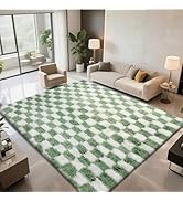 Area Rugs for Bedroom Living Room,4x6 Green and White Fluffy Soft Checkered Rug Fuzzy Shag Shaggy...