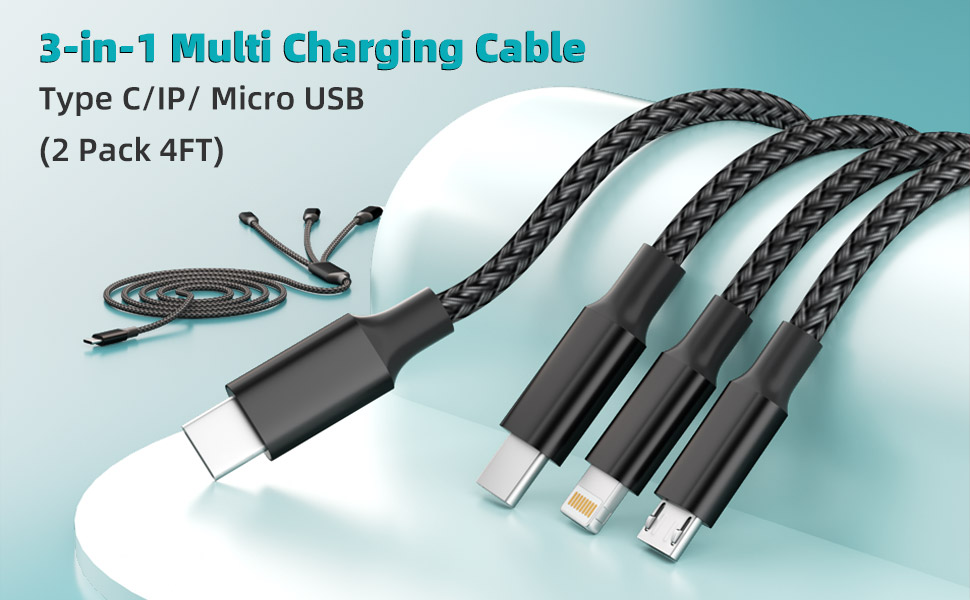 3 IN 1 USB C Multi Charging Cable Solution for All Devices(2 Packs 4FT)