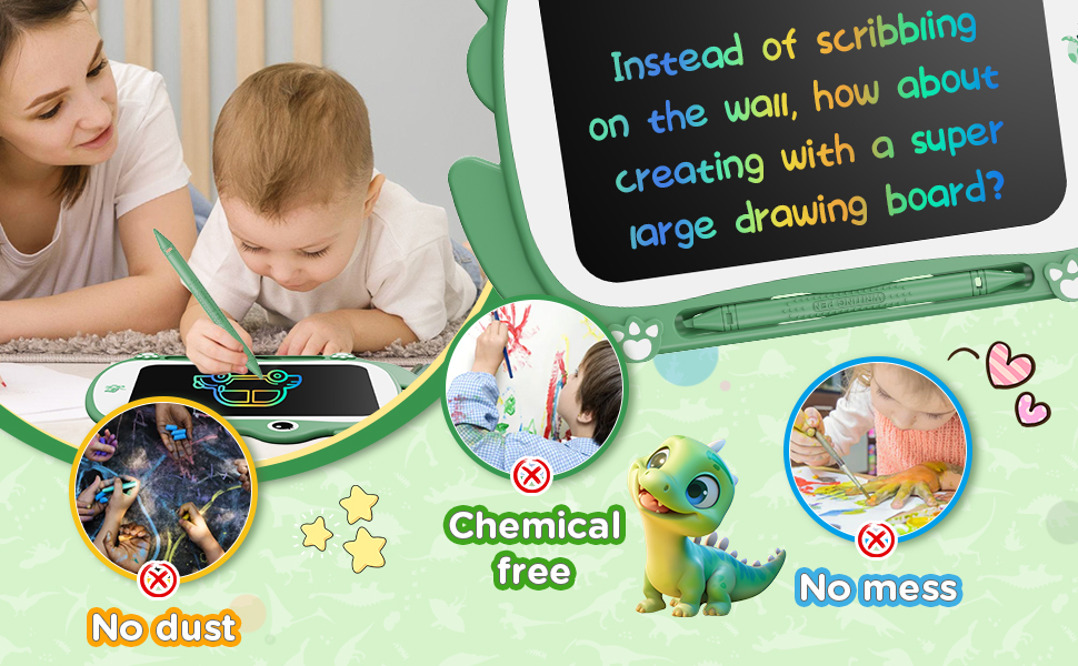 Drawing board product advertisement highlighting features: chemical-free, no dust, and no mess, with cartoon dinosaur graphic and usage demonstrations.