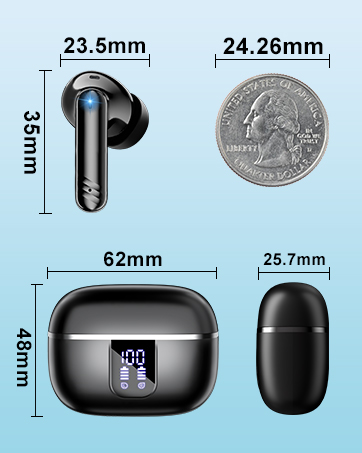 Technical diagram of wireless earbuds and charging case with precise measurements: case 62mm x 48mm, earbud 23.5mm, compared to quarter coin.