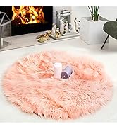 HYSEAS Faux Sheepskin Fur Area Rug Pink, 3x3 Feet, Round Fluffy Soft Fuzzy Plush Shaggy Carpet Th...