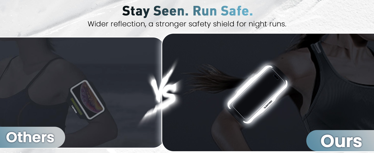 Text reads 'Stay Seen. Run Safe.' Comparison images labeled 'Others' and 'Ours' showing lighting or visibility features in dark conditions.