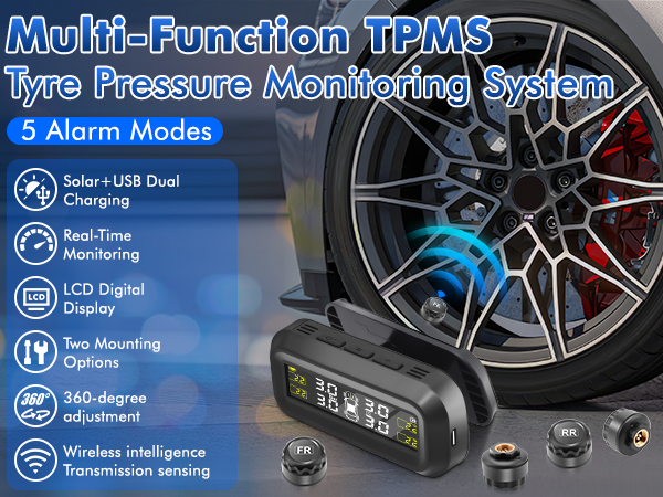 Tire Pressure Monitoring System with LCD display, sensors, and car wheel. Features include 5 alarm modes, dual charging, real-time monitoring, and wireless transmission.