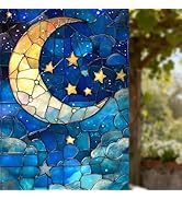 Nuxovilar Stained Glass Star-Moon Film, 17.7×39.4inch Golden Moon, Stars &amp; Blue Clouds Pattern, P...