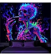 Simpkeely Blacklight Smoking Skeleton Tapestry – UV Reactive Glow in the Dark Neon Skeleton Wall ...