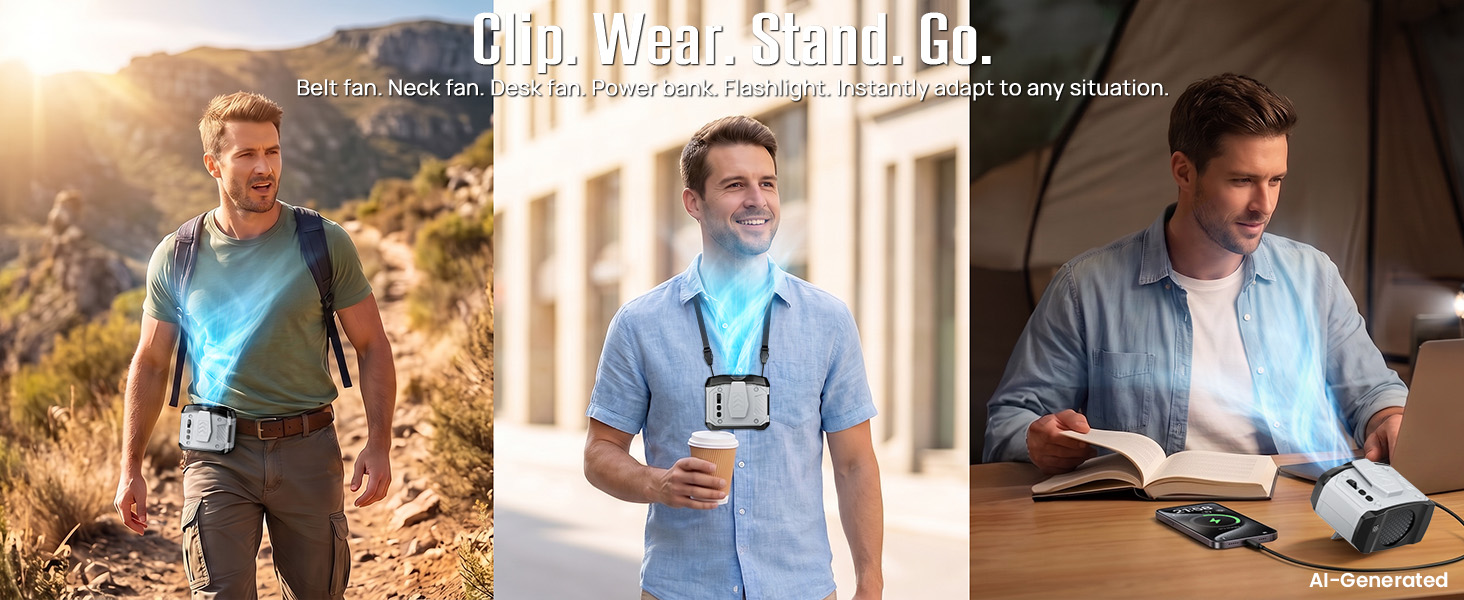 Versatile belt fan for men clips to a belt, stands on a desk, or hangs for hands-free use