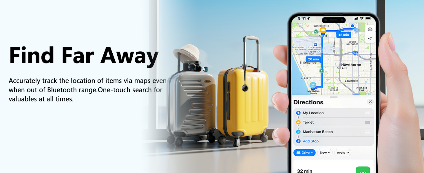 Text reads 'Find Far Away'. Screenshots of a mobile app interface showing map navigation and location tracking features.