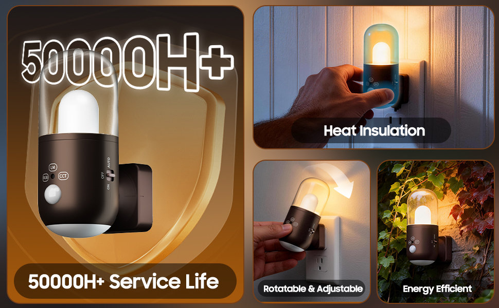 Text reads '50000H+ Service Life', 'Heat insulation', 'Energy Efficient'. Marketing banner showing product benefits with icons and text overlays in dark gradient background.