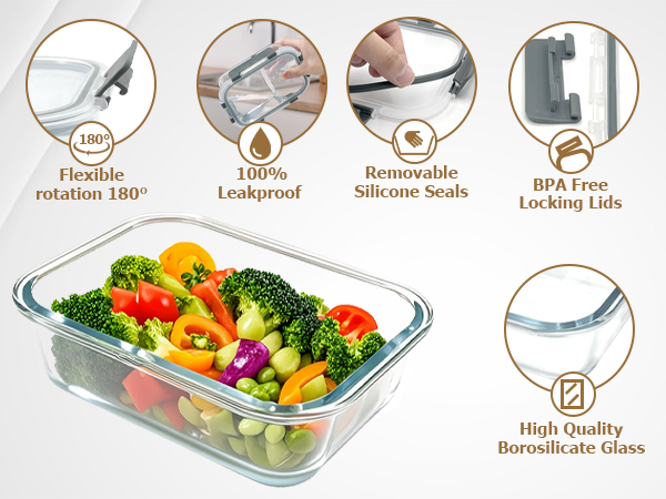 Glass food storage container with lids