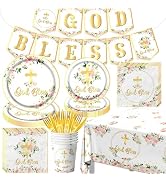 God Bless Tableware-142pcs Pink Baptism Plates and Napkins,Disposable Cross Baptism Plates Napkin...
