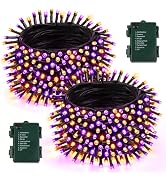 2 Pack 200 LED Battery Operated Halloween Lights, String Lights Green Wire | 66FT Orange &amp; Purple...
