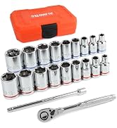JU JIAN TEC 20-Piece 1/4" Drive Shallow Socket Set, SAE/Metric (3/16"-9/16" &amp; 5mm-13mm) with Ratc...