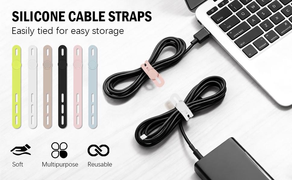 Multi-Color (Blue/White/Green/Pink/Black/Khaki) Reusable Silicone Cable Ties—Flexible and Durable