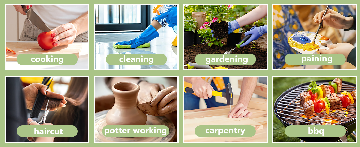 Different activities such as cooking, cleaning, and BBQ