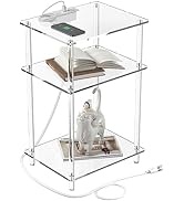 Eglaf Acrylic Side Table with Charging Station - Clear Nightstand End Table with USB Ports and Ou...