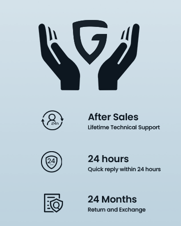 Service guarantees infographic showing three features: After Sales lifetime technical support, 24-hour quick reply, and 24-month return and exchange policy.