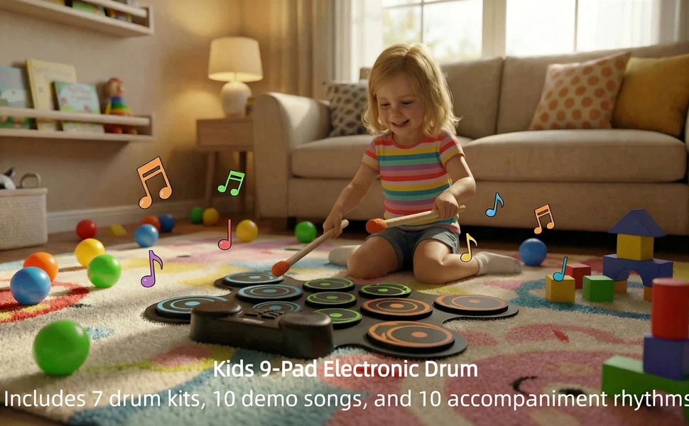 Kids 9-Pad Electronic Drum Includes 7 drum kits, 10 demo songs, and 10 accompaniment rhythms
