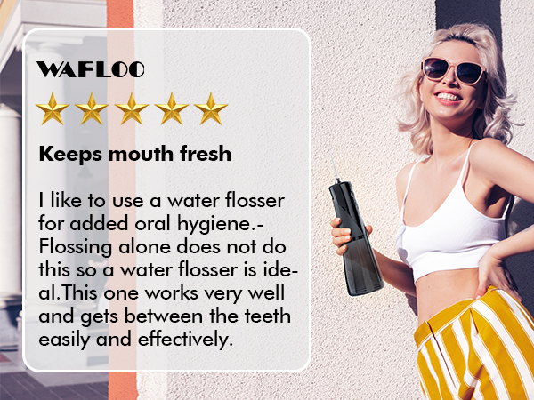 Water flosser product review. Text describes its effectiveness for oral hygiene. 5-star rating. Image shows a person holding a black device, likely the water flosser.