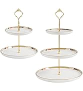 Tosnail Set of 2 Porcelain Cupcake Stand Ceramic Dessert Stand Tiered Serving Trays with Gold Rod...