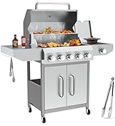 Llamaviva 5 Burner Propane Gas Grill with Side Burner,Stainless Steel BBQ Grill with Porcelain-En...