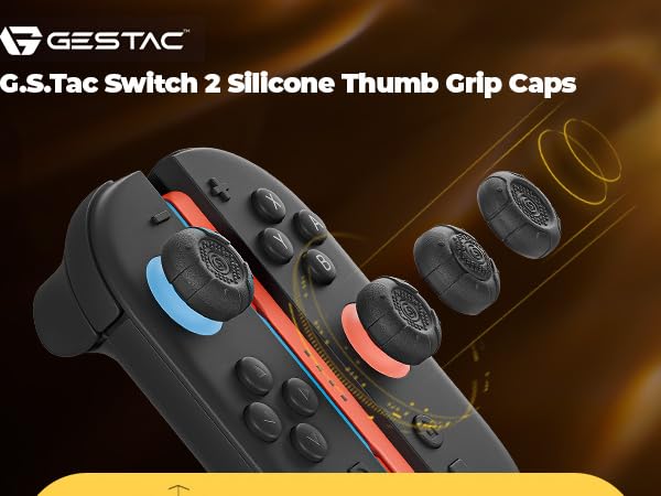 Text reads 'G.S.TSC SWITCH 2 Silicone Thumb Grip Caps'. Product image showing blue and black silicone thumb grips for gaming controllers against dark background.