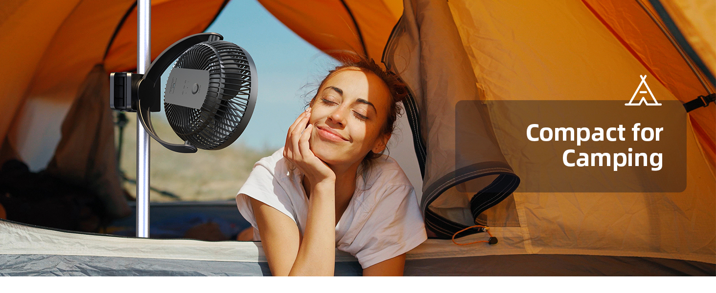 Portable camping fan with clip mount shown inside orange tent, labeled as 'Compact for Camping' with person relaxing nearby
