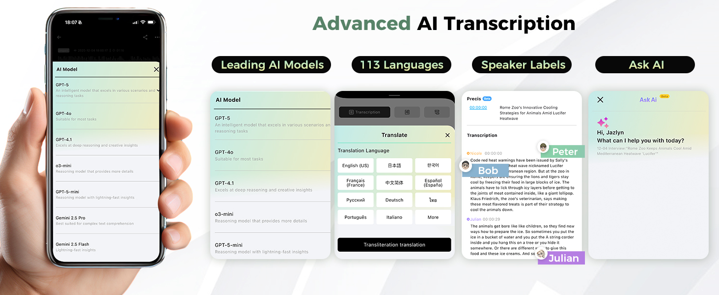 AI functions includes many AI models, 113 languages, speaker lables and Ask AI