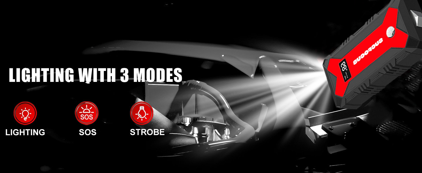 sucfocus portable car jump starter,lighting with 3 modes,flashinglight