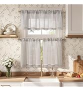 jinchan Taupe Grey Linen Kitchen Curtains and Valance Set Rod Pocket | Textured linen look filter...