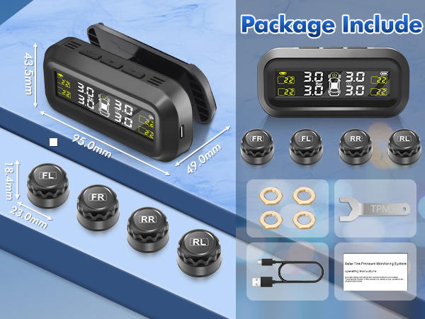 Tire pressure monitoring system with solar-powered display unit, four sensors (FL, FR, RR, RL), USB cable, and installation accessories. Display shows real-time pressure and temperature readings for all tires.
